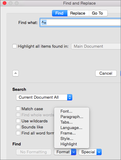 replace shortcut for word on mac